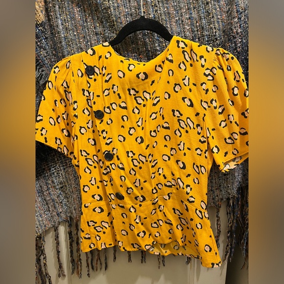 Topshop blouse, canary yellow & black leopard with pinks - Picture 2 of 7